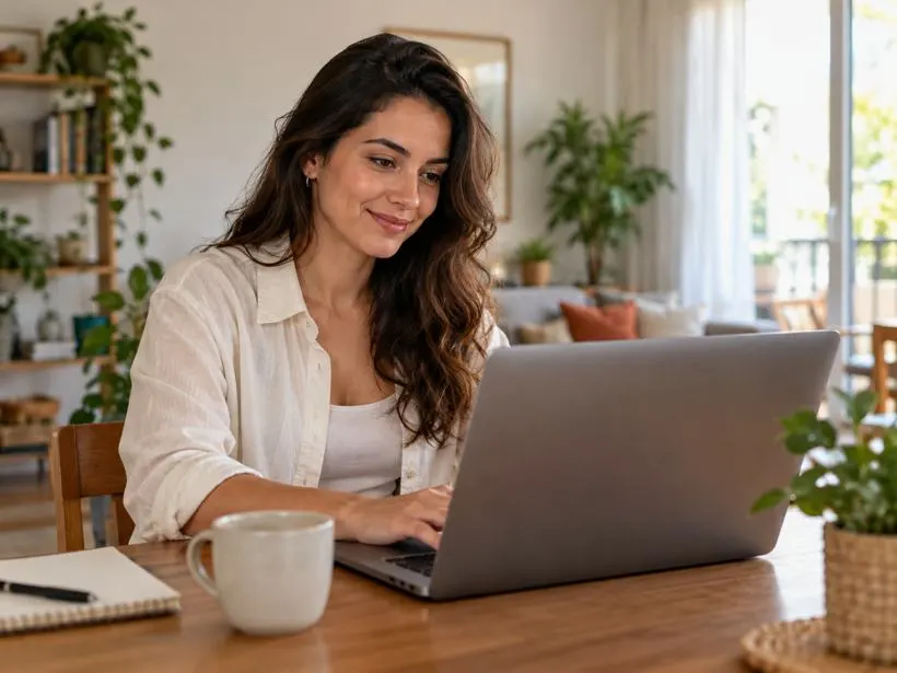 Empreendedora abrindo a empresa pelo notebook em casa