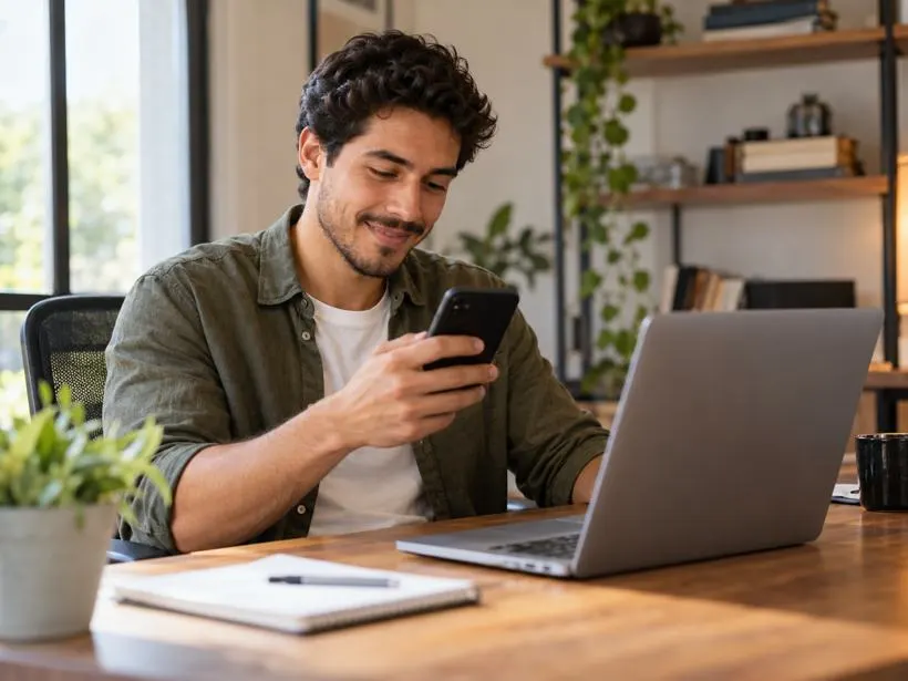 Jovem empreendedor sorrindo com o celular