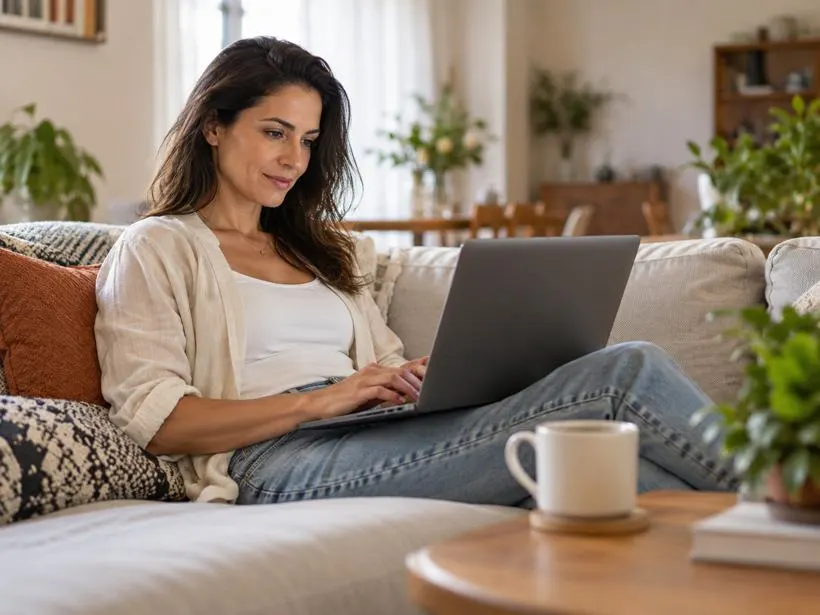 Mulher resolvendo a abertura da empresa pelo notebook em casa