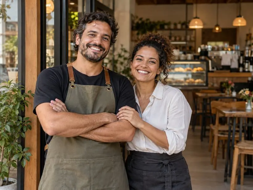 Sócios em frente ao seu negócio