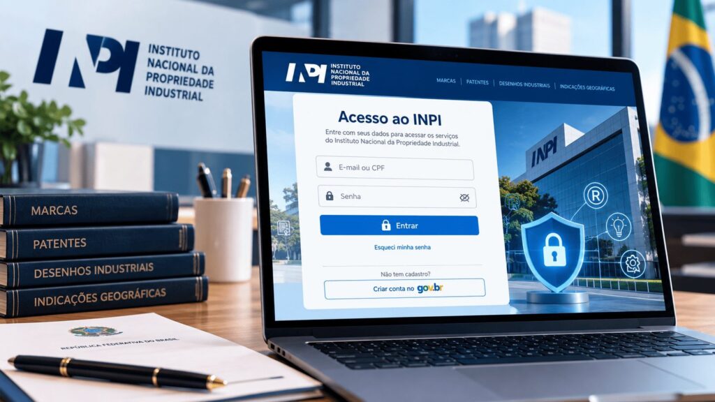 Notebook aberto numa mesa de escritório mostrando uma tela de acesso com o logotipo do INPI