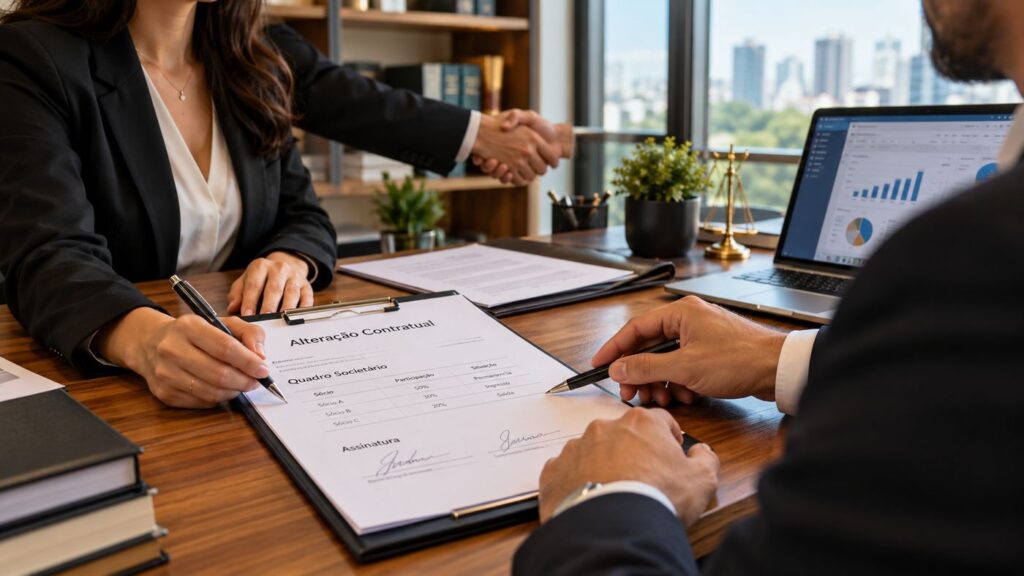 Duas pessoas assinando um documento de alteração contratual sobre uma mesa de escritório