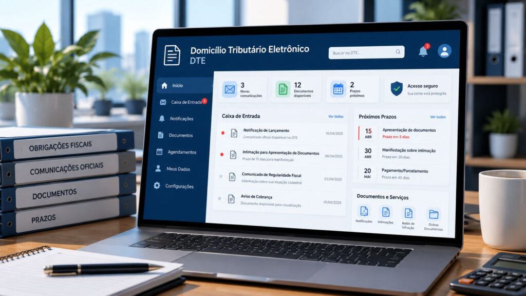 Notebook aberto numa mesa de escritório mostrando um painel de notificações fiscais