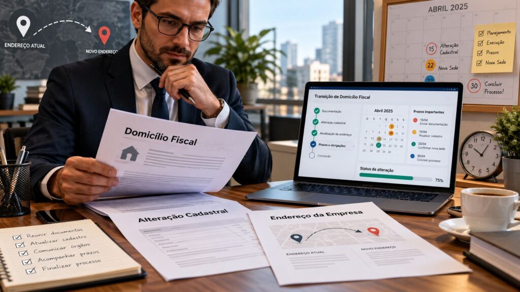 Profissional analisando documentos de mudança de domicílio fiscal, com notebook mostrando checklist de prazos