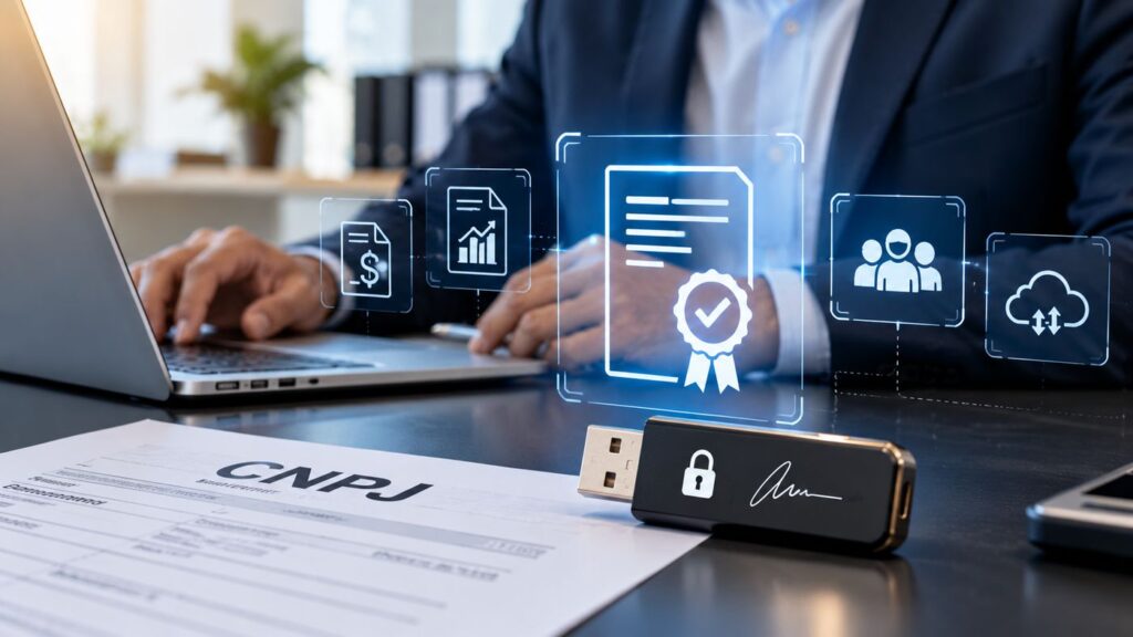 Documento de CNPJ ao lado de um token de certificado digital sobre uma mesa de escritório