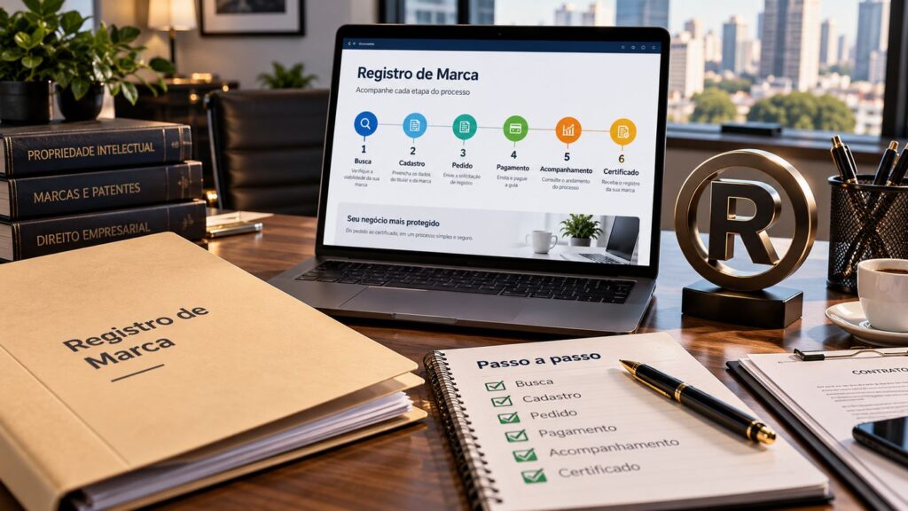 Notebook mostrando as 6 etapas do processo de registro de marca, ao lado de um caderno com checklist do passo a passo