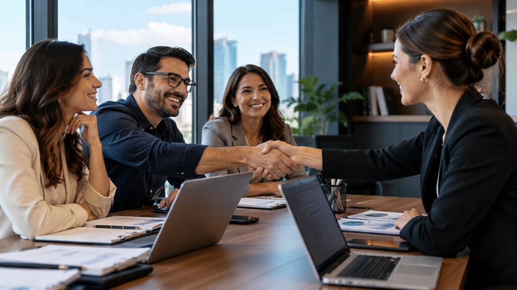 Equipe fechando parceria de negócios com aperto de mão numa sala de reunião