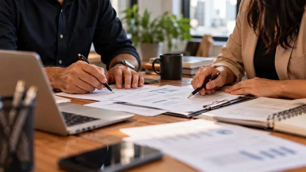 Reunião de negócios com gráficos e planejamento
