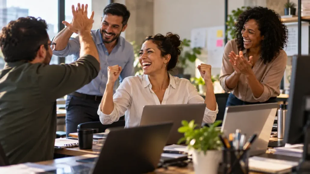 Celebração em equipe no escritório moderno