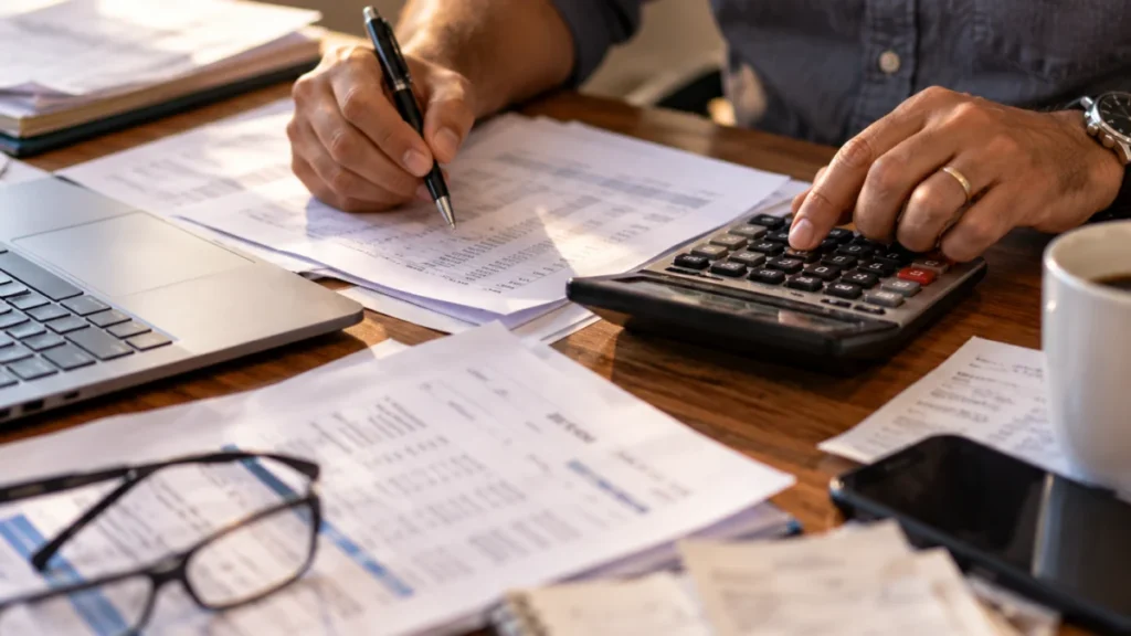 Contas e documentos na mesa de trabalho