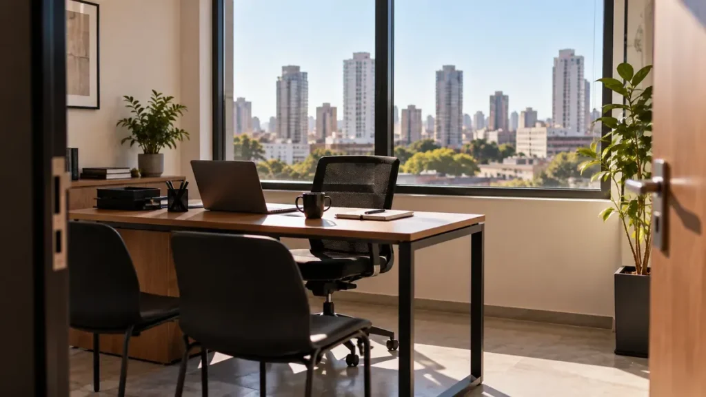 Escritório moderno com vista urbana