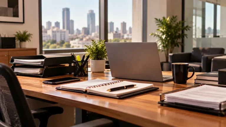 Escritório moderno com vista urbana