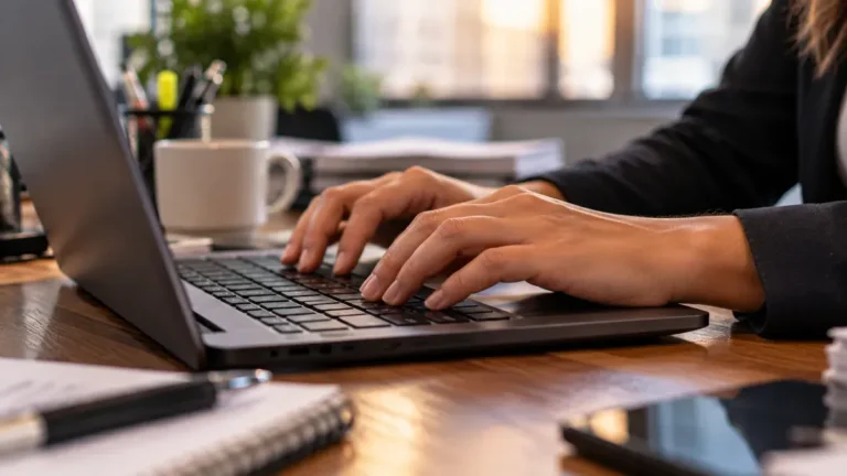 Mãos digitando em escritório aconchegante
