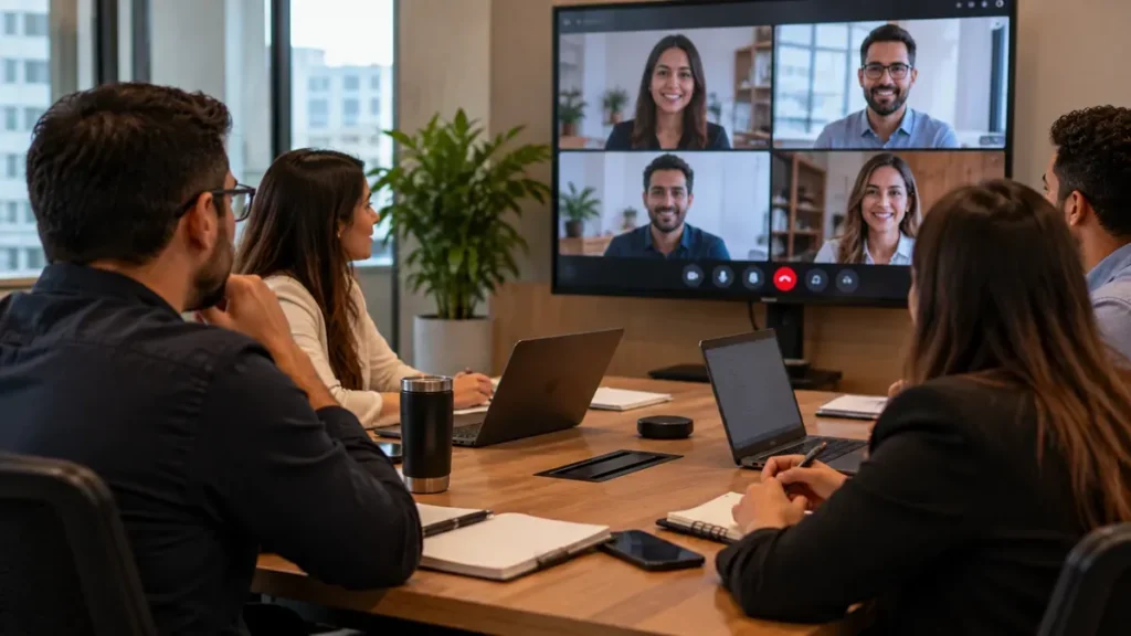 Reunião híbrida em sala moderna