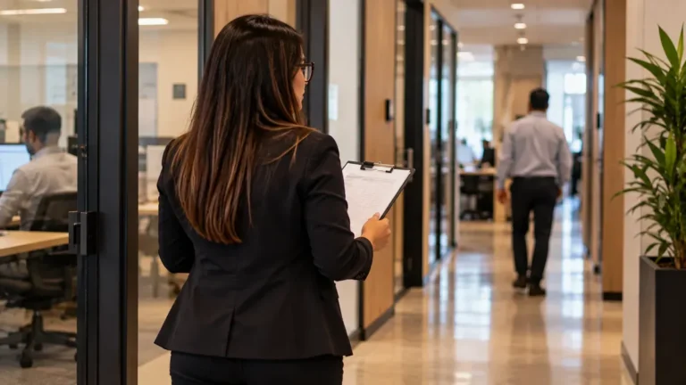 Profissional com Prancheta no Corredor Corporativo